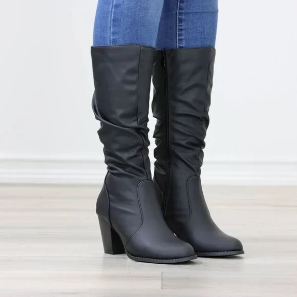 Black Mid-Calf Boots Faux leather Side Zip Block Heel Slouched Shaft - Picture 15 of 15